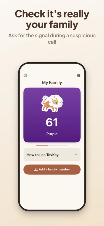 Screenshot: the family signal - purple, an animal sticker and the number 61